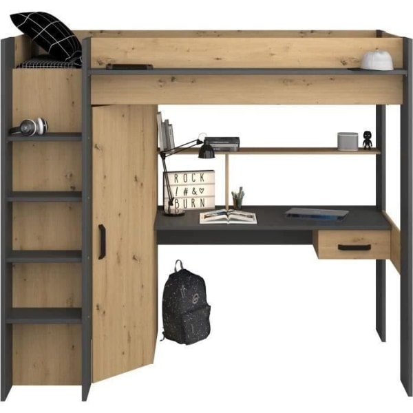 PARISOT HIGH kombinerad mezzaninbädd för barn - Ek och grå - Boxfjäder ingår - 90 x 200 cm Ek/Grå