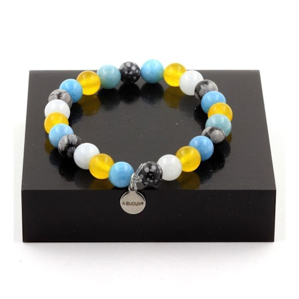 Stenar och mineraler. Snowflake Obsidian Beads Armband + Yellow Agate + Made in France. Svart, Gul, Blå