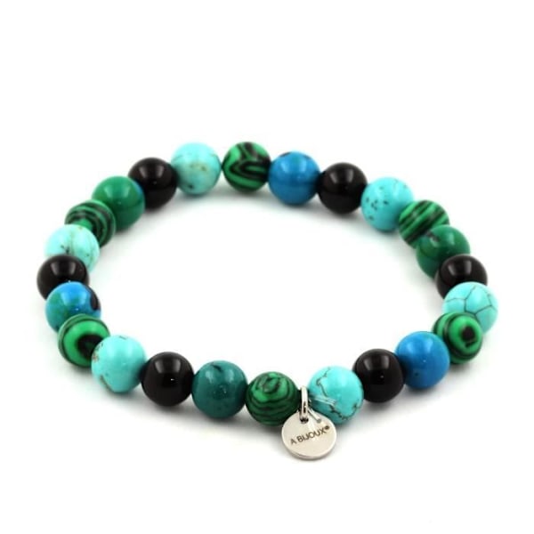 Stenar och mineraler. Chrysocolla + Malakit + Turkos + Black Agate Beads Armband 8 Tillverkad i Frankrike.