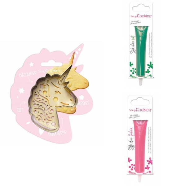 Unicorn præget kiksesæt + 2 grønne og fuchsia chokoladepenne Grå