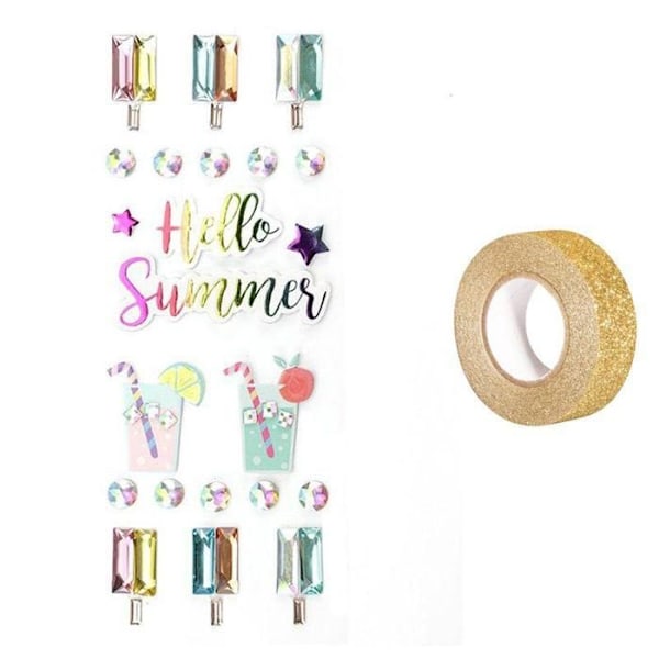 22 Hello Summer 3D tarrat + kulta glitter maalarinteippi 5 m Multifärgad, gyllene