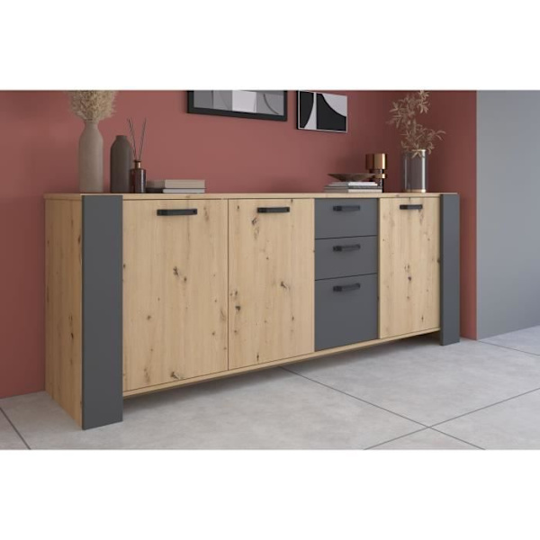 LOFT senkki + pöytäsetti - PARISOT - Artisan tammi ja harmaa - 3 ovea - 8 henkilöä Ek
