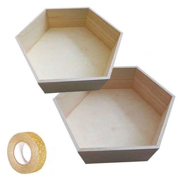 2 hexagonala hyllor i trä 36 x 31 cm och 39 x 34 cm + guldfärgad glittermaskeringstejp 5 m Beige