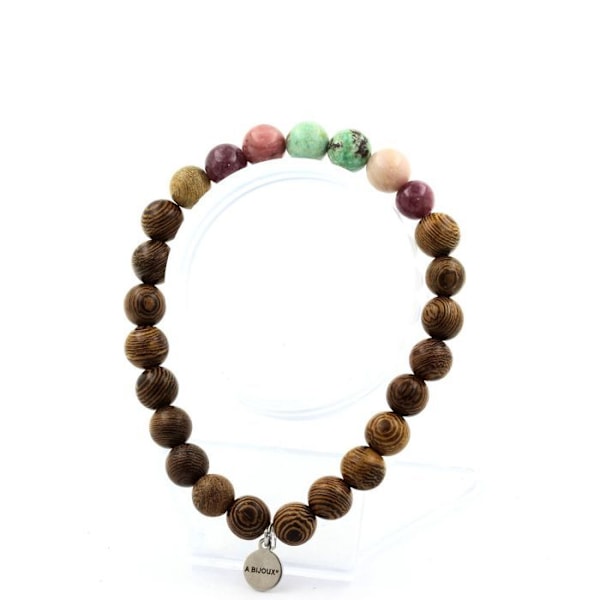 Sten og mineraler. Namibisk Chrysocolla Beads Armbånd + Lepidolite + Rhodonite + træ Fremstillet i Frankrig. Grön, rosa, lila