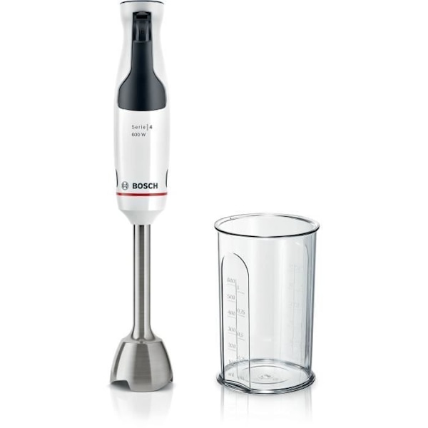 Stavblender - BOSCH - MSM4W210 ErgoMaster - 600W motor - 4 QuattroBlade knive - Udløserhastighedshåndtag + turbo Vit, svart och transparent