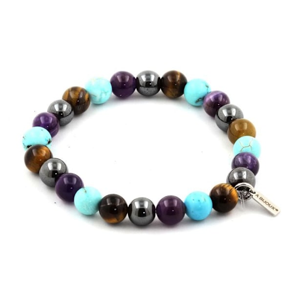 Sten og mineraler. Ametyst + Tiger Eye + Turkis + Hæmatit Perler Armbånd 8 mm. Fremstillet i Frankrig. Lila, brun, blå, grå
