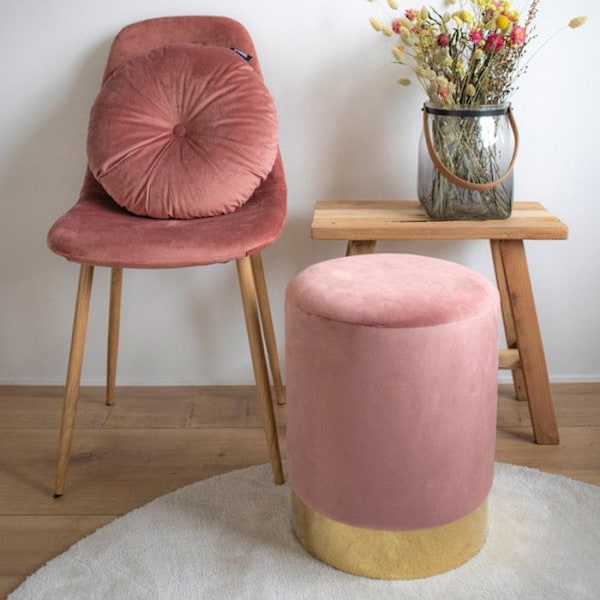 Puf i rosa velour med bunde i messing Ø 34 x 43 cm Rosa