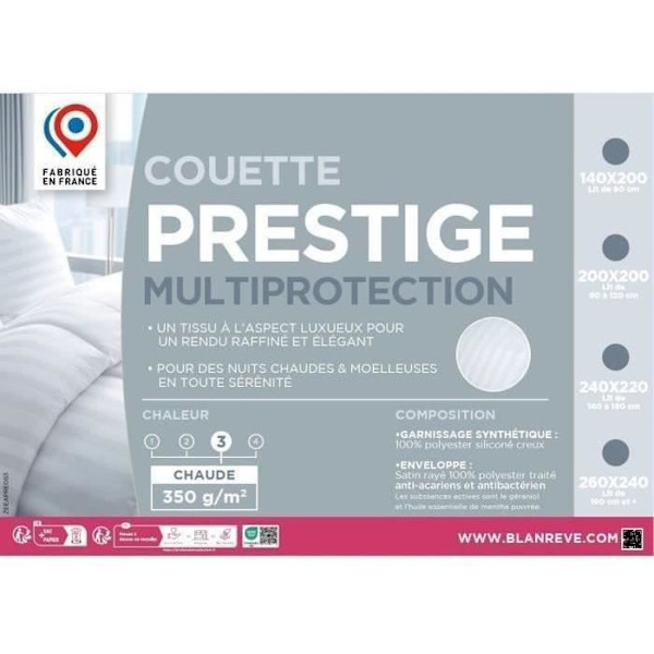 Varmt täcke 220x240 cm BLANREVE PRESTIGE Multiprotection - 100% polyester - 2 personer - Randig satin Vit