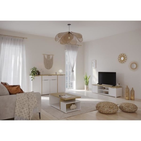 ACCESS Vardagsrumsset: Soffbord + TV-bänk + 4-dörrars skänk - Hamilton ek och vit dekor