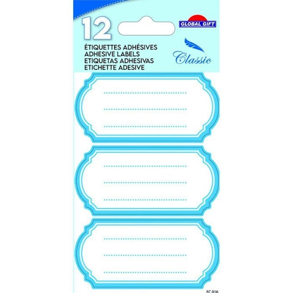 12 självhäftande skoletiketter - Oval Vintage - Blå Vit
