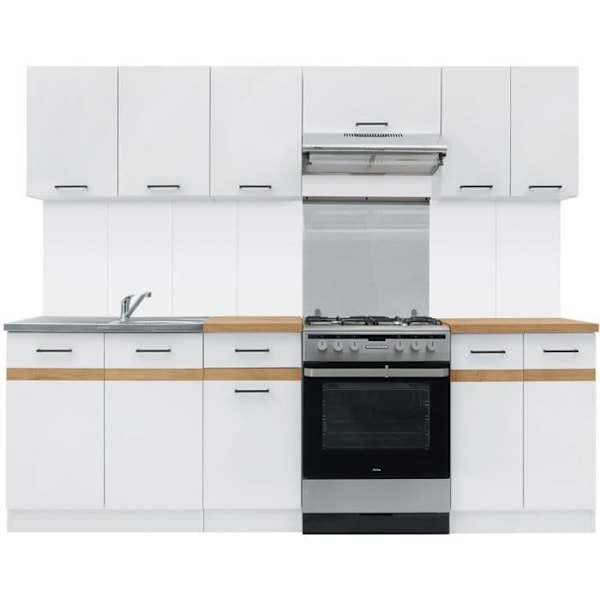 JUNONA Komplet køkken 240cm - 7 elementer - Bordplade medfølger - Blank hvid Vit, Blankvit, Golden Craftsman Oak