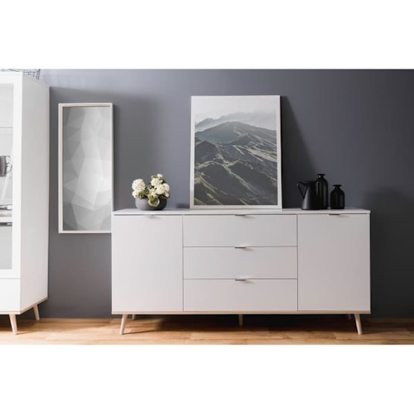 GÖTEBORG Låg skänk - Skandinavisk stil - Ek och vit dekor - L 180 cm Vit och borstad ek