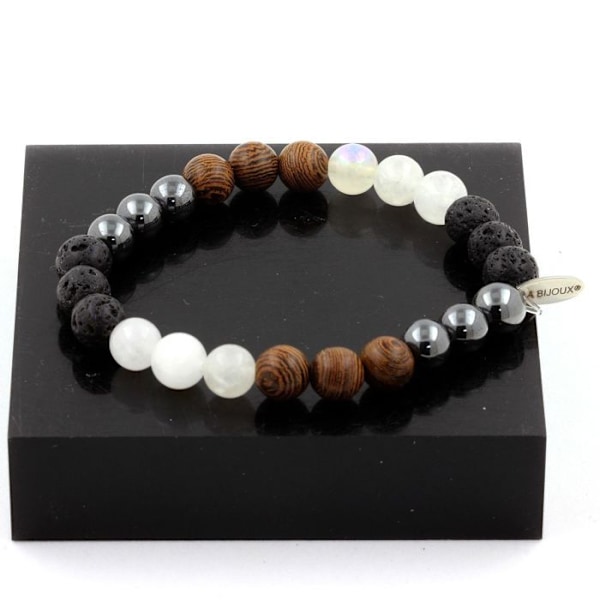 Stenar och mineraler. Armband Pärlor Månsten + Lava + Hematit + trä 8 mm. Tillverkad i Frankrike. Månsten, lava, hematit