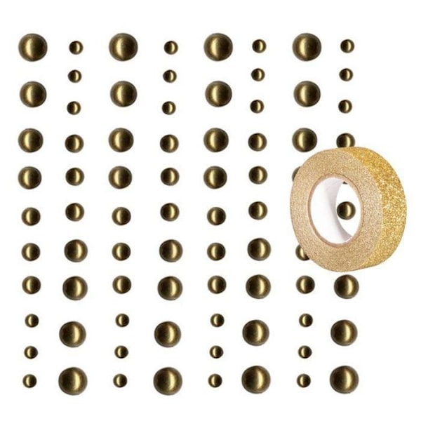 80 vaalean kultaista tarrahelmeä + kultainen glitter maalarinteippi 5 m gyllene