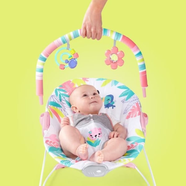 BRIGHT STARTS Pink Flamingo Baby Bouncer, beroligende vibrationer, Activity Arch med interaktivt legetøj Flerfärgad