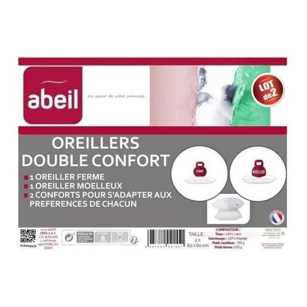 ABEIL Set med 2 Kuddar DOUBLE CONFORT 100% Bomull 60x60cm Vit