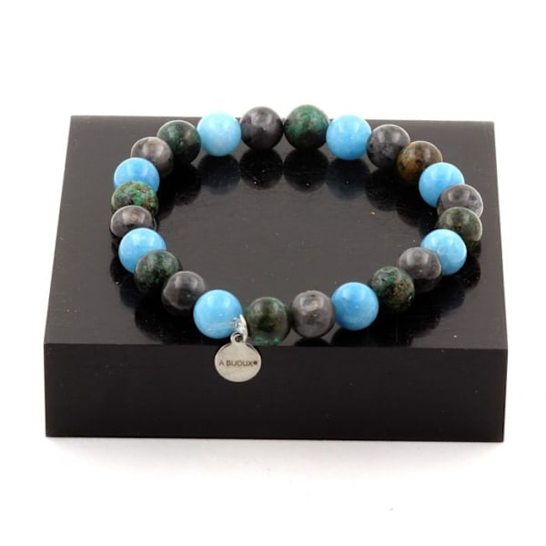 Sten og mineraler. Blå kalcedon + labradorit + afrikansk turkis perler armbånd 8 Lavet i Frankrig. Blå