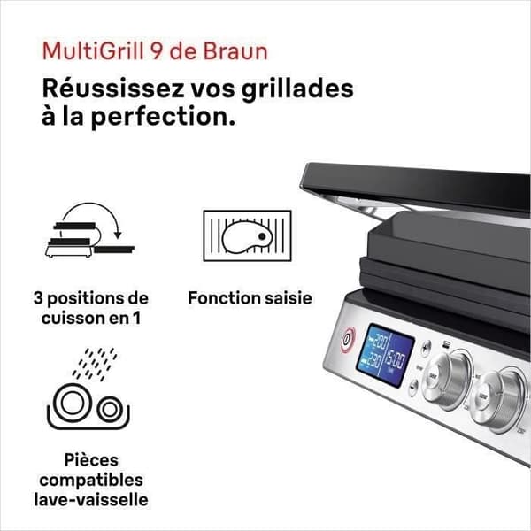 Multifunktionsgrill - BRAUN - Multi Grill 9 - 2000 W - 3 varmeindstillinger - Sort / Stål Svart och rostfritt stål