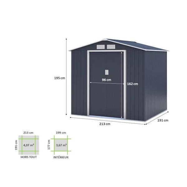 Metal have til haven 4,07 m² - 213 x 191 x 195 cm - MARS - Inkluderet anker kit, 2 skydedøre - Grå Kolgrå