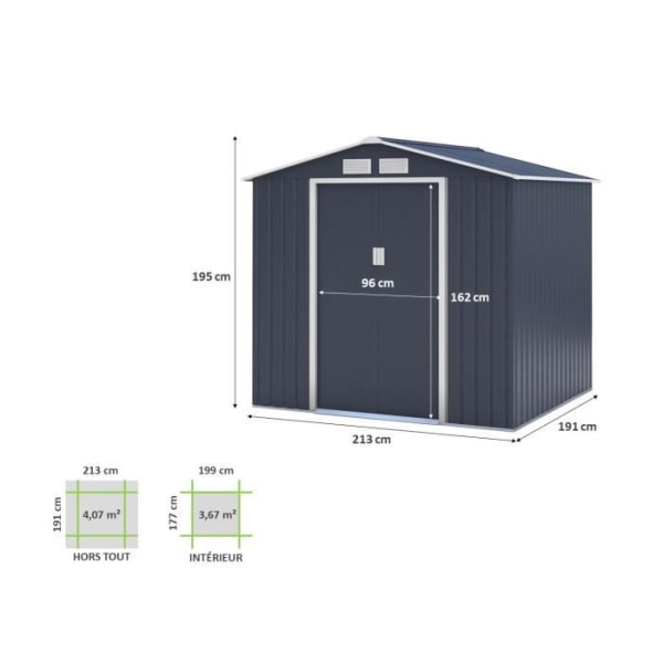 Metallisk trädgårdsförråd 4,07 m² - 213 x 191 x 195 cm - MARS - Inkluderar förankringskit, 2 skjutdörrar - Grå Kolgrå
