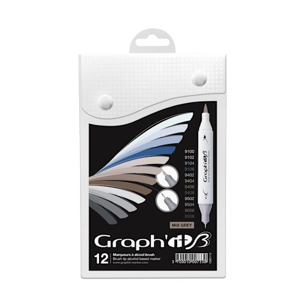 Graph'It - Sæt med 12 Graph'it Brush Markører Mix grå Grå