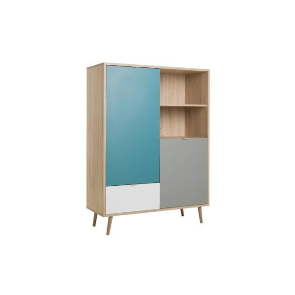 Høj skænk - Sonoma eg, hvid, grå og blå - Skandinavisk stil - CUBA - L 103 x D 40 x H 139 cm Sonoma Ek/Vit/Grå/Blå