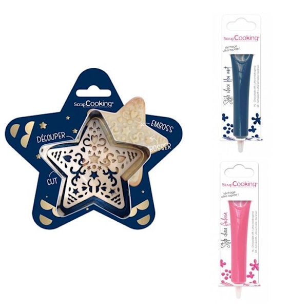 Kit för präglad kaka Star + 2 Nattblå och fuchsia chokladpennor Grå