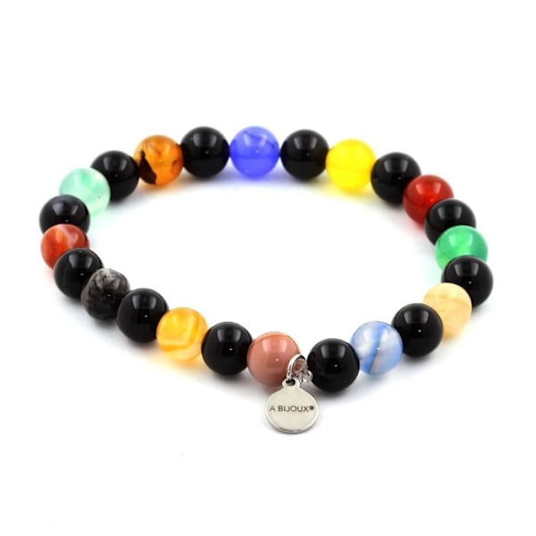 Sten og mineraler. Flerfarvet Agat Perler Armbånd + Sort Agat 8 mm. Fremstillet i Frankrig. Flerfärgad, svart