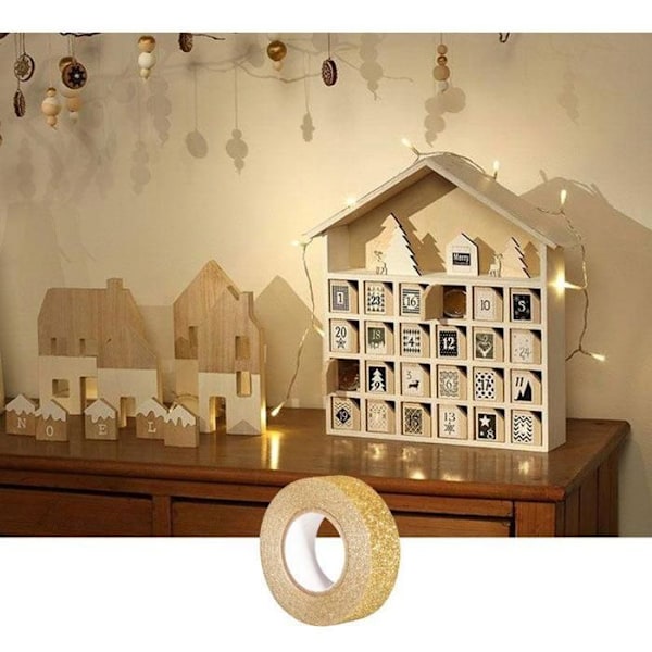 Adventskalender træ Hus 31,5 x 7 x 34 cm + 5 m gyldent glimmer masking tape Beige