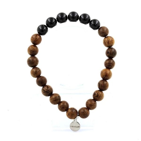 Sten og mineraler. Armbånd Træperler + Tourmaline Schorl fra Brasilien 8 mm. Fremstillet i Frankrig.