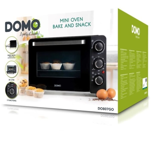 DOMO DO807GO mini elektrisk ugn - 20 L - svart - hög och låg värme - 120 min timer - 1300W Svart