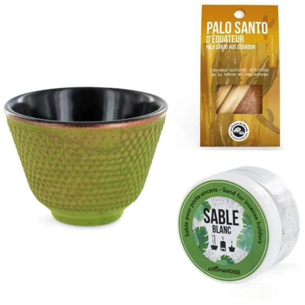 Rökelsehållare för grönt och guld + Vit sand + Palo Santo pinnar