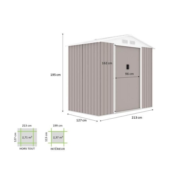 Metal havekøb 2,71 m² - 213 x 127 x 195 cm - PLUTON - Inkluderet fundamentkit, 2 skydedøre - Taupe Mol