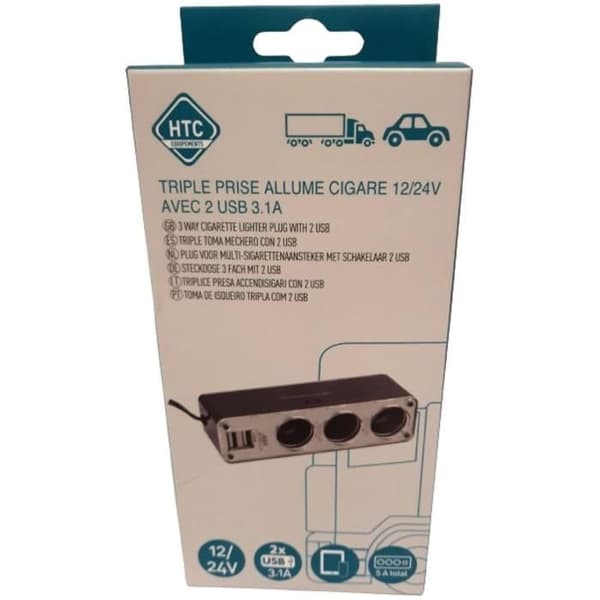 Triple stikdåse cigarettænder 12V/24V - HTC Udstyr - med 2 USB-A 3.1A - Total effekt 5A Grå