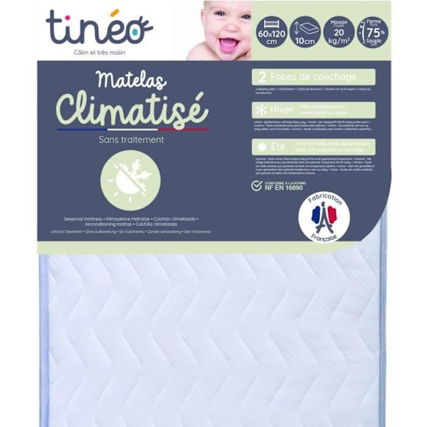 Klimatiserat TINEO 60x120x10cm - Spädbarns Madrass - Klimatiserad - 1 Sommar Sida - 1 Vinter Sida - Utan Behandling - Tillverkad i Frankrike Vit