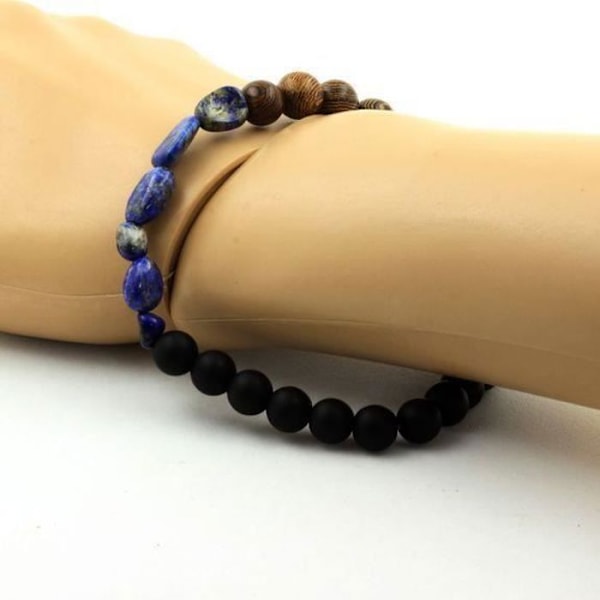 Sten og mineraler. Lapis Lazuli armbånd fra Pakistan + Mat sorte Onyx perler + 8 mm træ. Fremstillet i Frankrig.