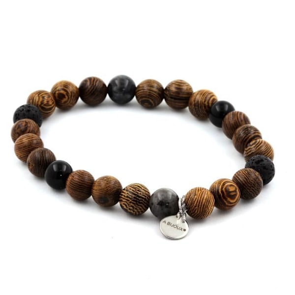 Stenar och mineraler. Armband Beads Black Obsidian + Lava + Labradorite + trä 8 mm. Tillverkad i Frankrike. Svart grå