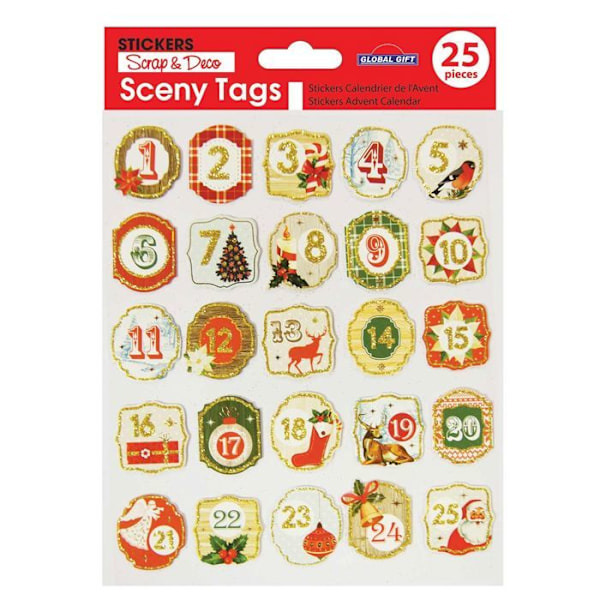 25 Adventtikalenteri tarraa - Kultainen glitter Flerfärgad