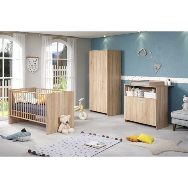 NIKO trio vauvan huone - 70x140 cm sänky + 2-ovinen hoitoarkku + 2-ovinen vaatekaappi - Luonnontammeinen sisustus - TRENDTEAM Naturlig ek