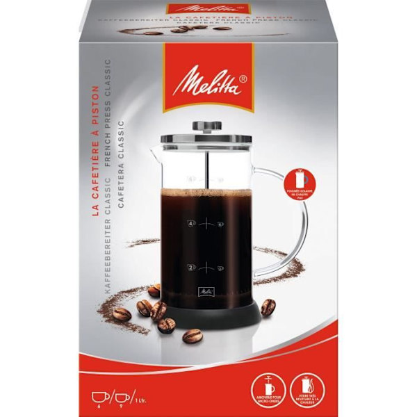 MELITTA Standard 9-kops fransk kaffemaskine - Kværnet kaffe kompatibel - Aftagelig vandtank - Programmerbar svart och klar