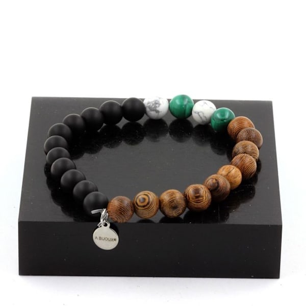 Sten og mineraler. Congo Malachite Beads Armbånd + Howlite + Mat Sort Onyx + Træ 8 Fremstillet i Frankrig. Grön, svart, vit