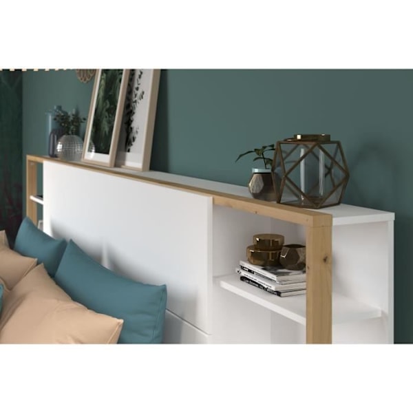 PARISOT Sengegavl med hylder + integrerede sengeborde - Hvid og eg indretning - L 255 x D 36 x H 103 cm - HVID Vitt och ek