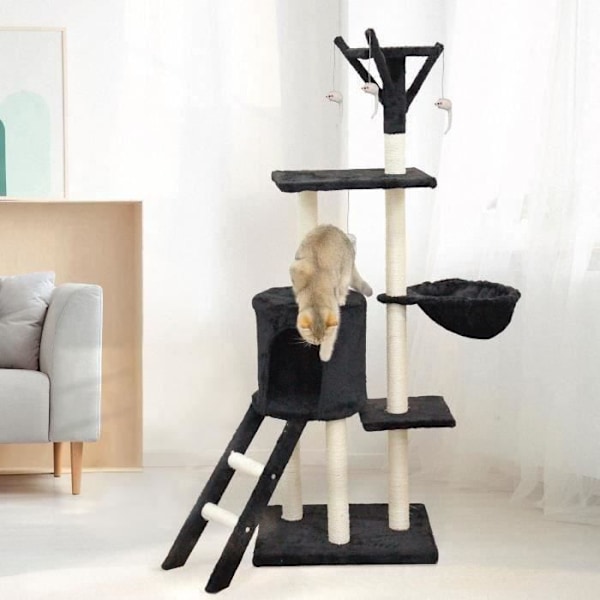 JIPSY Black Cat Tree 79 x 34 x 138 cm - 3 plattformar, 1 abborre, 1 kennel, 1 trappa, skrapstolpar Svart