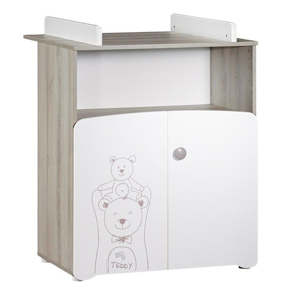Byteskrin - Babypris - Teddy - Vitt trä - Bear screentryck - 2 dörrar - 97x76x66cm Vit, brun