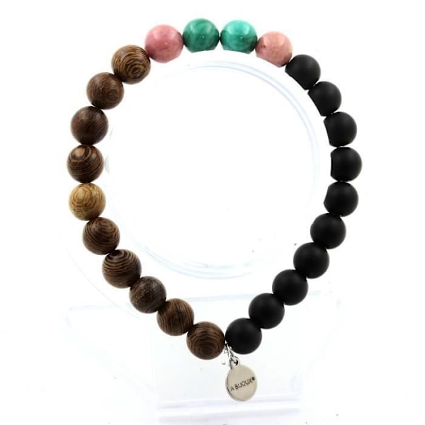 Sten og mineraler. Congo Malachite Beads Armbånd + Rhodonite + Mat Sort Onyx + Træ Fremstillet i Frankrig.