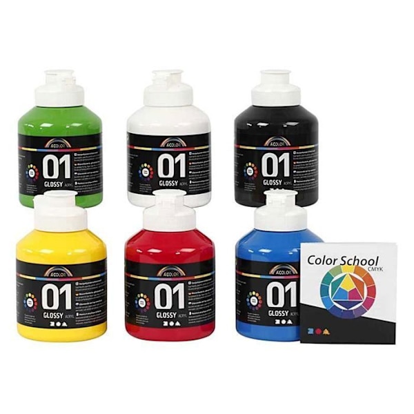 Akrylmaling - A-Color - Farveskole - 6x500 ml - Multifarvet - Glat Flerfärgad