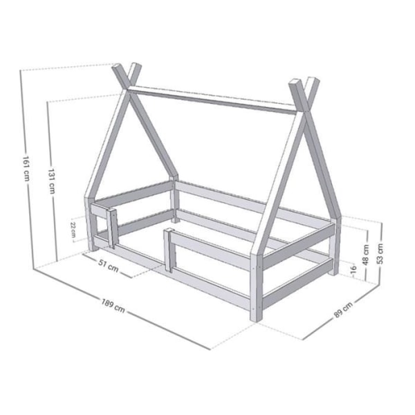 Børne Tipi seng - Benlemi - 80 x 180 cm - Massivt træ - Hvid - Sikkerhedsbarriere inkluderet Vit