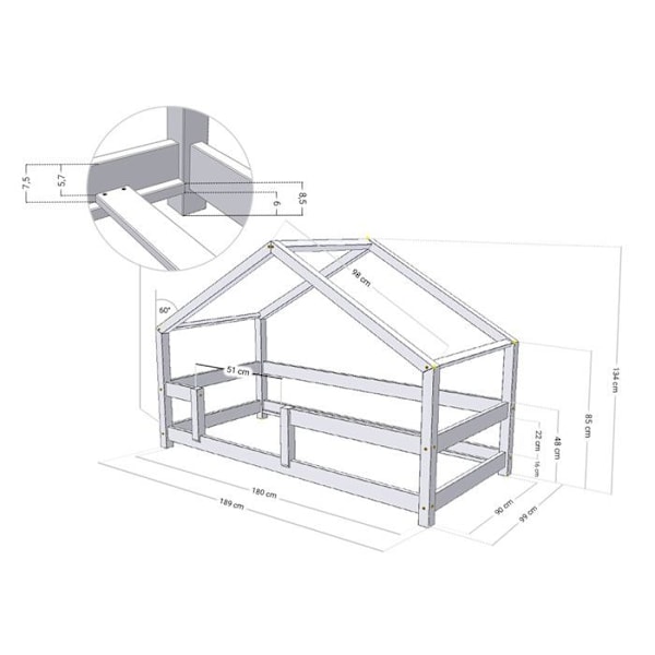Lit cabane enfant LUCKY 90 x 180 grå Grå