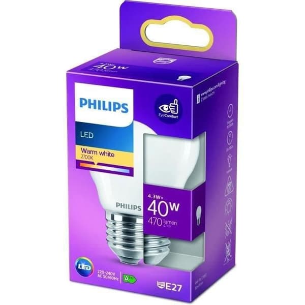 PHILIPS LED Classic 40W sfärisk E27 varmvit frostat, ej dimbar Vit varm