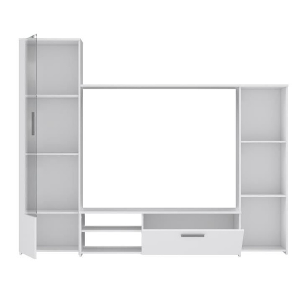PILVI TV vægmodul - Melaminpartikler - Mat hvid indretning - glasdør + 1 klap + 5 nicher - L220 x D41 x H177,5 cm Matt vit